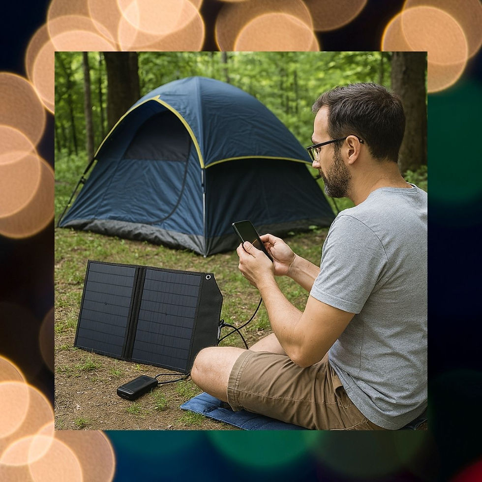Man in gray shirt uses smartphone with solar charger in forest campsite. Blue tent in background, mood is calm and focused.