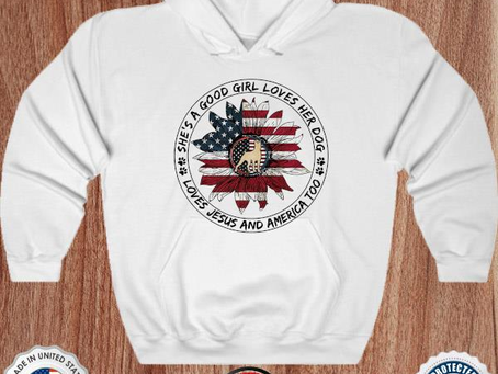 Sunflower American flag she’s a good girl loves her Dog loves Jesus and America too shirt