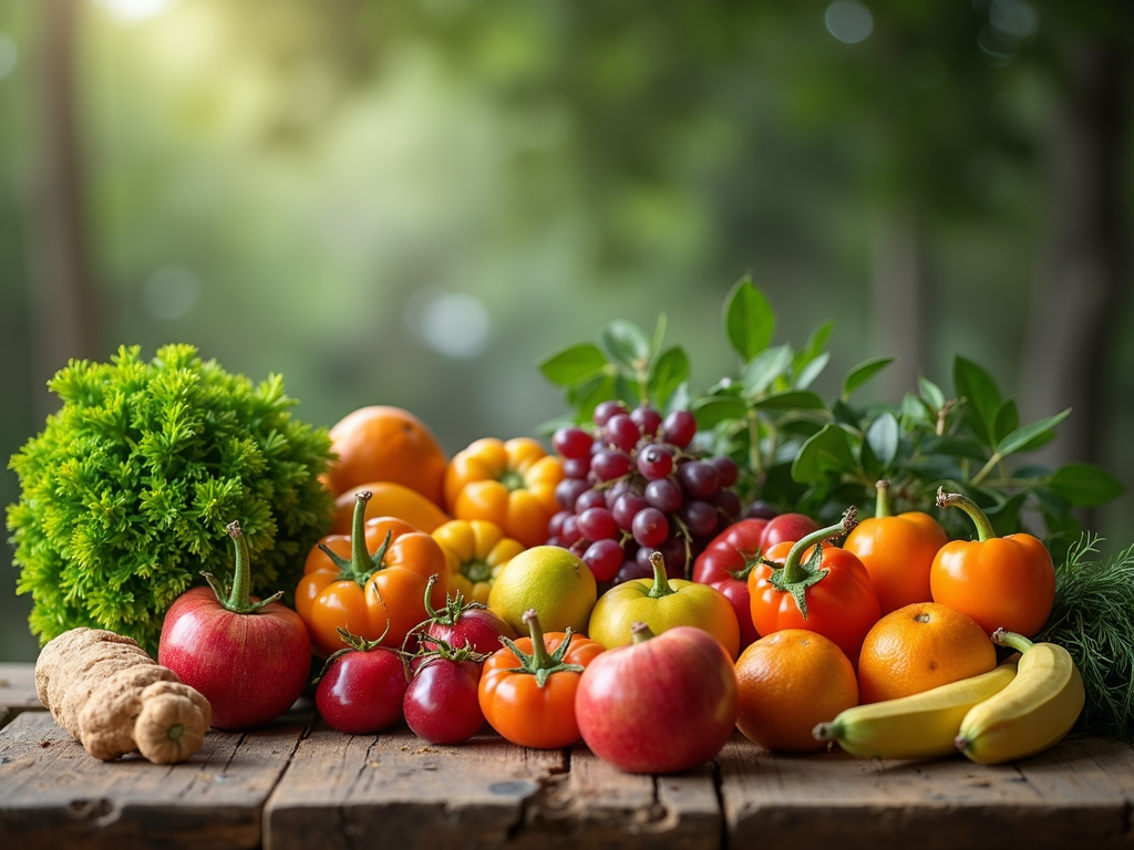 A rustic wooden table overflowing with vibrant summer fruits and seasonal vegetables.