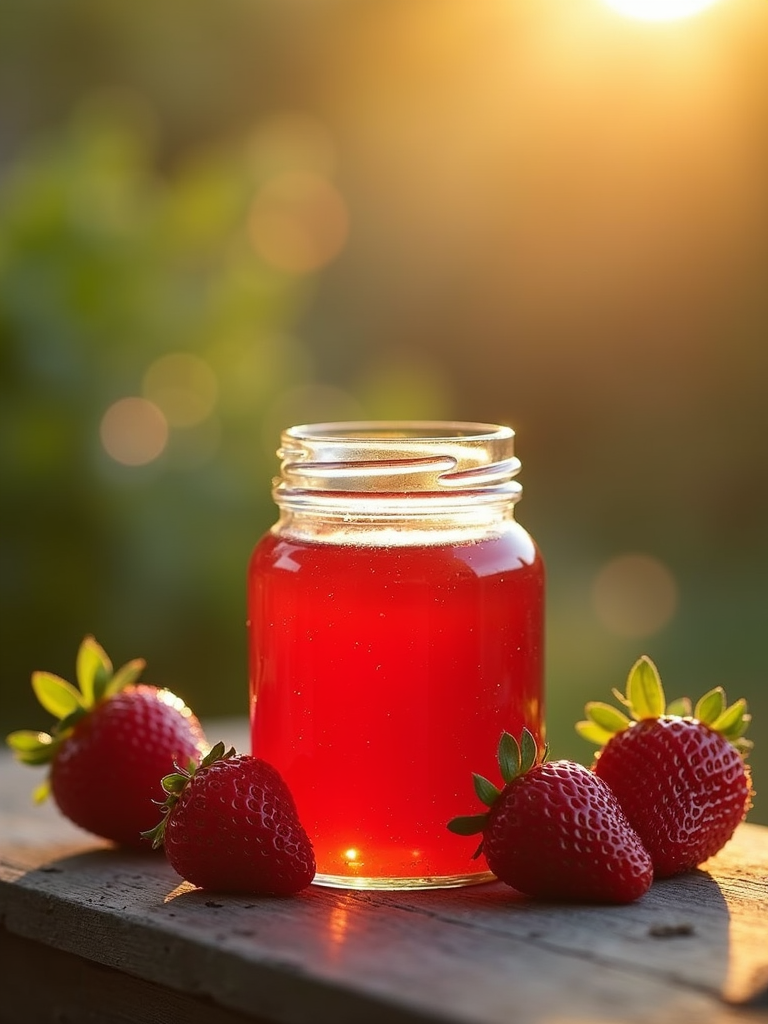 A close-up shot of an artisanal strawberry jam jar glowing in warm golden sunlight.