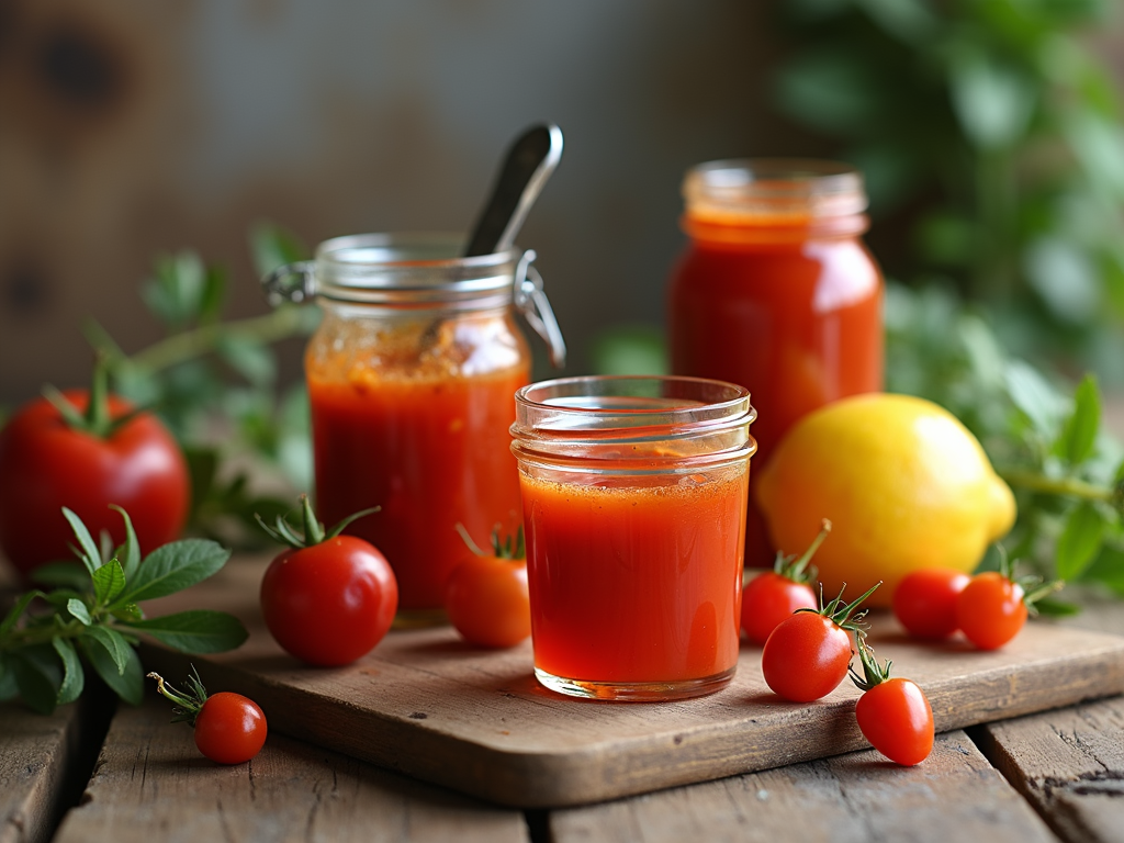 Artisanal jam jars and spicy hot sauces arranged beautifully on a rustic wooden table under warm July sunlight.