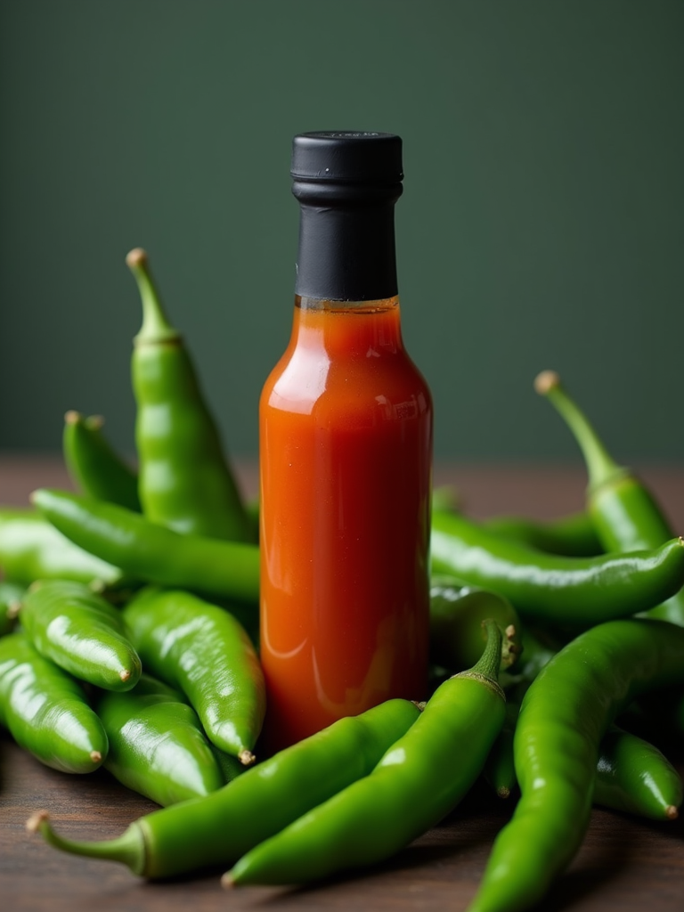 A sleek bottle of craft hot sauce resting amidst a pile of fresh green chillies.