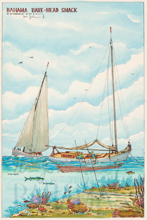 Bill Johnson Bahamas Watercolor Illustration Hooking conch and lobster from an Eleuthera Bare-Head Smack Boat.