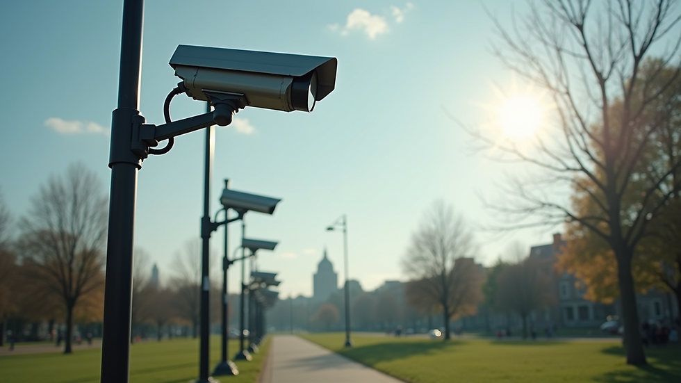 Eye-level view of a public park featuring surveillance cameras high on poles