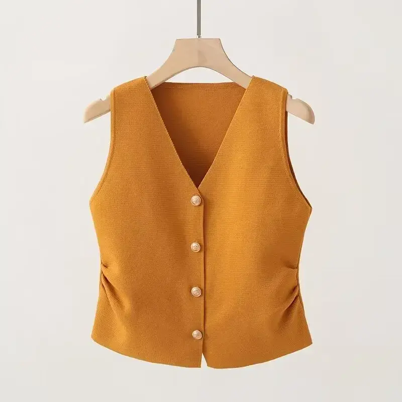 Thumbnail: Womens Gold Button Front Vest V-Neck Ruched Waist Sleeveless Knit Jacket Casual