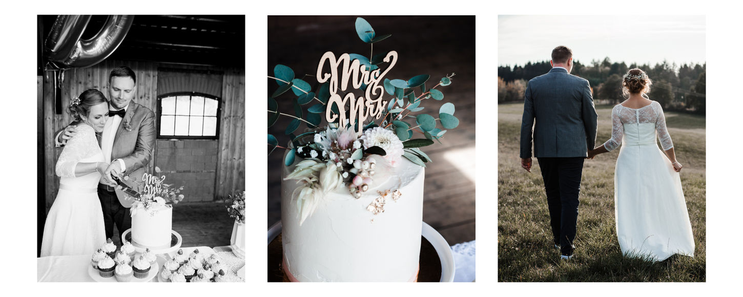 Brautpaar schneidet Torte an, Hochzeitstorte, Boho-Brautpaar von hinten