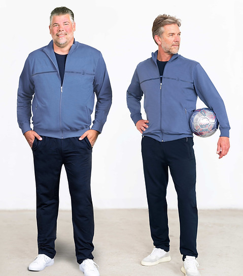 Slanke en volslanke man tonen de vergelijking tussen Silvermedal jogging in standaard maat en in grote maat