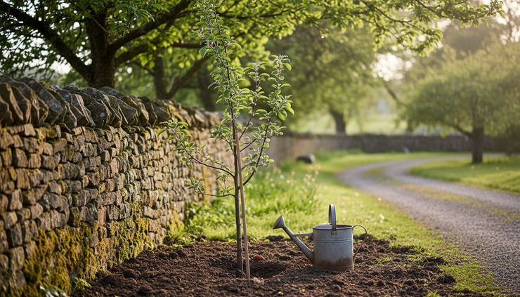 Eye-level view of a young tree growing beside an old stone wall