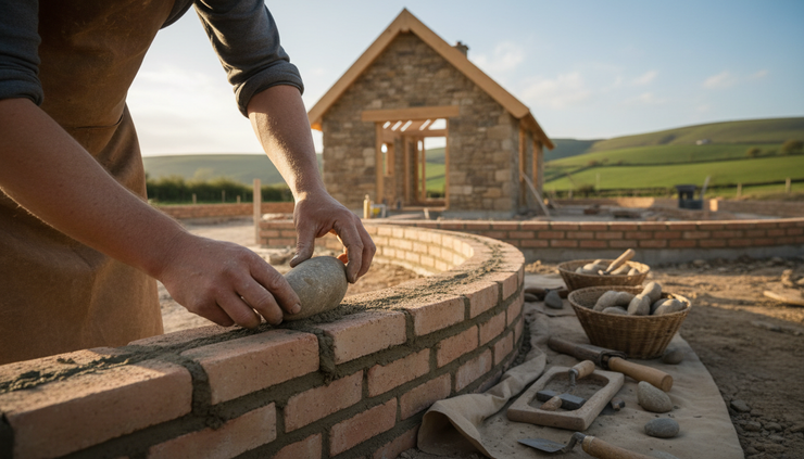 Wide-angle view of a stone foundation beneath a sunlit home