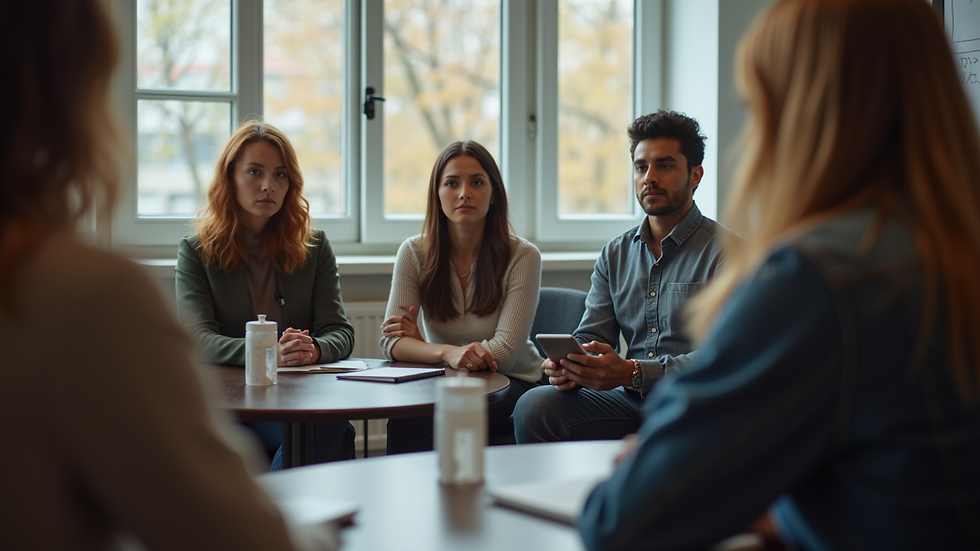 Close-up view of a therapist leading a small group session with attentive participants