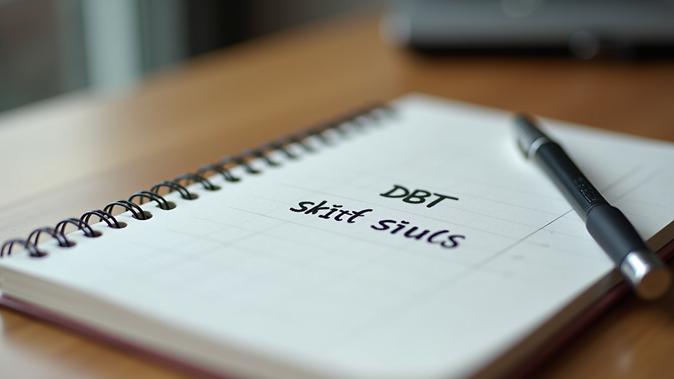 Close-up view of a notebook with DBT skills written and a pen on a wooden table