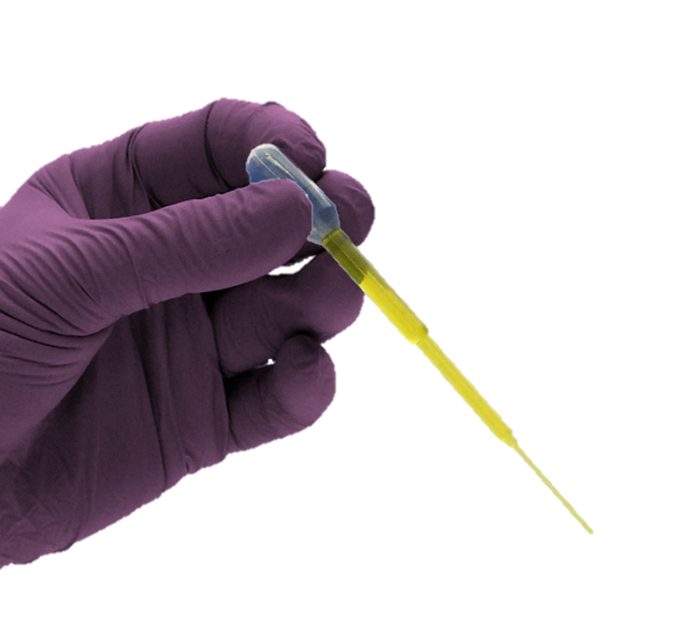 Purple-gloved hand holding a pipette with urine inside against a plain background.