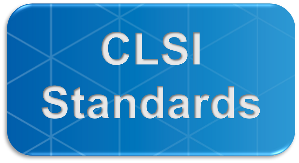 Blue rectangular button with "CLSI Standards" in white text, overlaying a geometric pattern of diagonal lines.