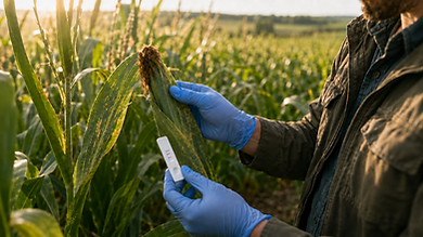 A man in a field of corn holding a lateral flow assay with a positive test line and a valid control line.