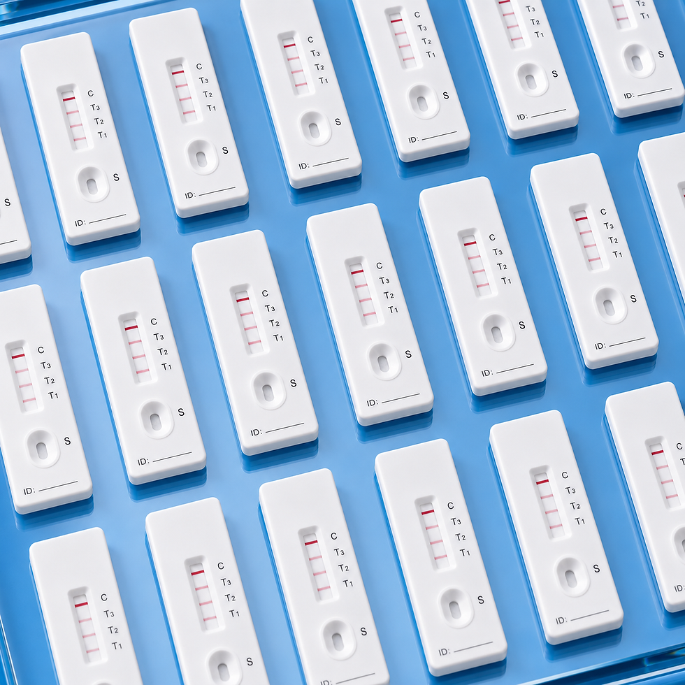 Multiple lateral flow cassettes with Test and Control lines on a blue background.
