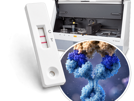 An image of a lateral flow device, Gyrolab Analyser Machine and an antibody binding to an antigen.