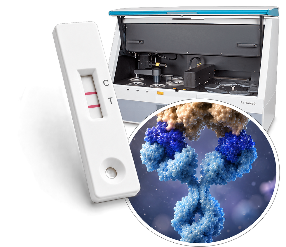 An image of a lateral flow device, Gyrolab Analyser Machine and an antibody binding to an antigen.