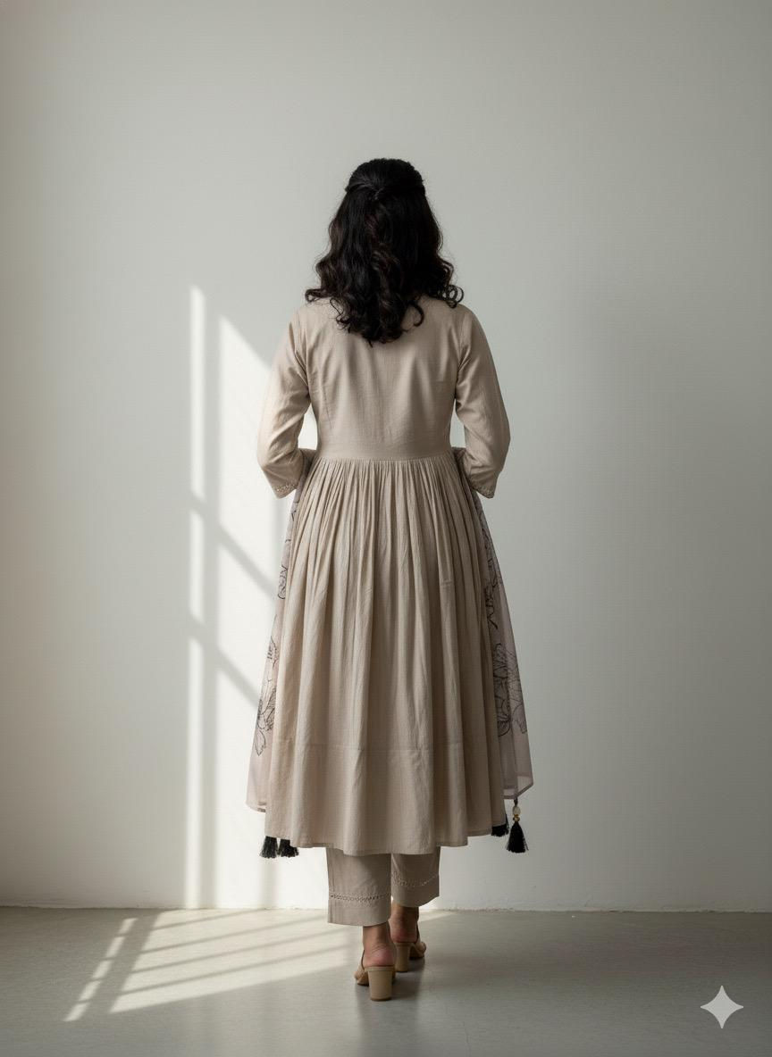 Thumbnail: Elegant Beige Floral Embroidered Kurta Set with Dupatta