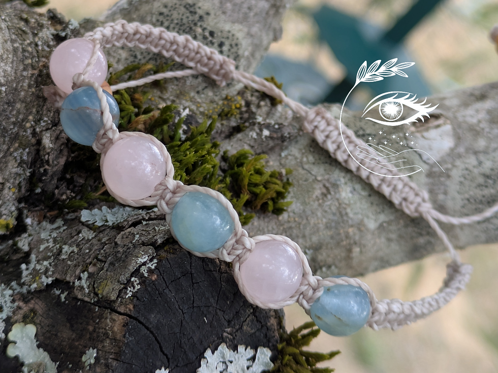 Miniature : Bracelet shamballa lithothérapie en calcédoine bleue et quartz rose - bijou apaisant qui  favorise la communication