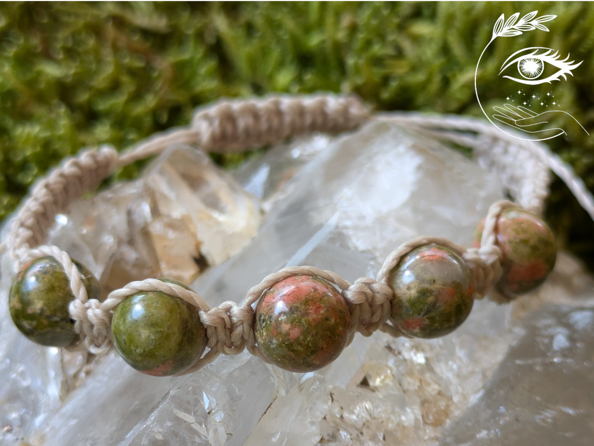 Bracelet tibétain, tissé à la main, en macramé, en pierres d'unakite, ajustable à tous poignets avec un noeud à coulisses