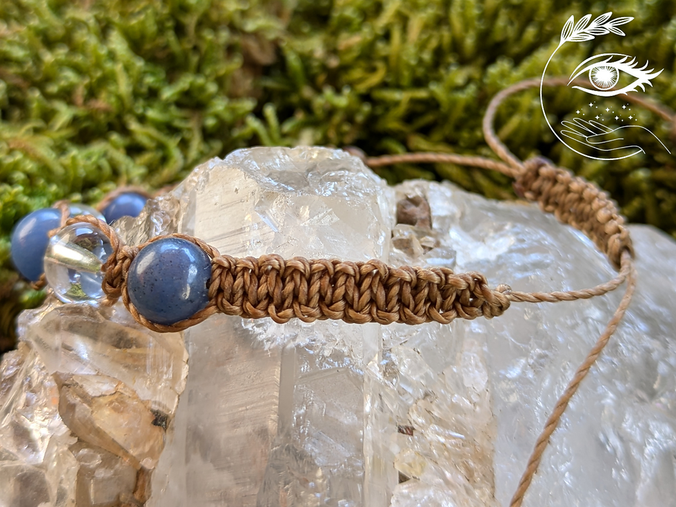 Miniature : Joli bracelet de lithothérapie cuivré tissé main, pierres naturelles aventurine bleue et cristal de roche