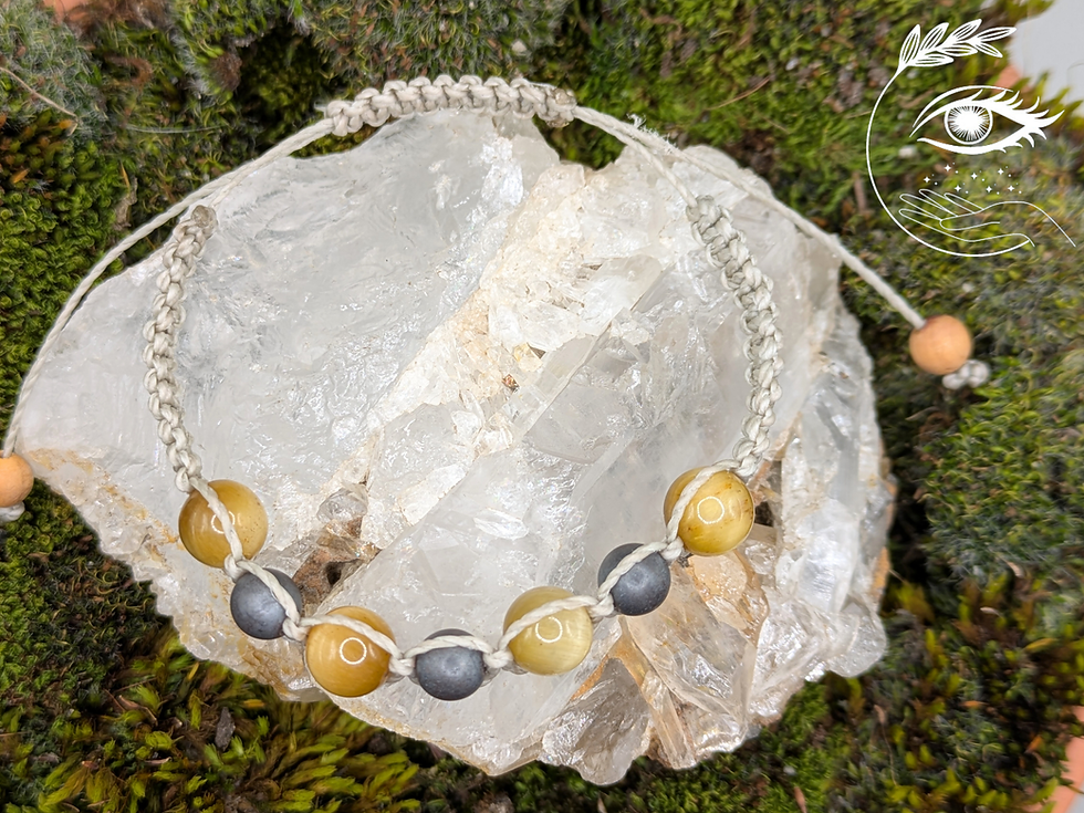 Miniature : Bracelet shamballa en pierres naturelles d’œil de tigre et d’hématite, bijou de lithothérapie pour la protection, la force