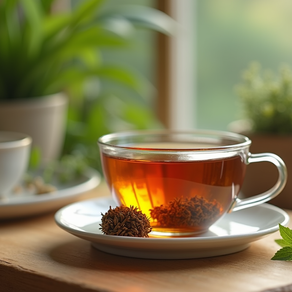 Tasse avec infusion et quelques feuilles de menthe posées à côté