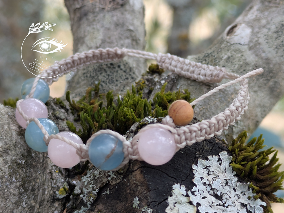 Miniature : Bracelet shamballa lithothérapie en calcédoine bleue et quartz rose - bijou apaisant qui  favorise la communication