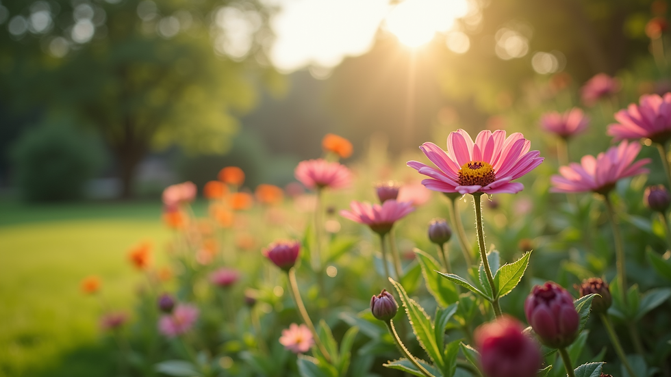 Eye-level view of a tranquil garden with blooming flowers