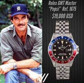 Tom Selleck as Magnum PI famously wore a Rolex GMT-Master with Pepsi Bezel
