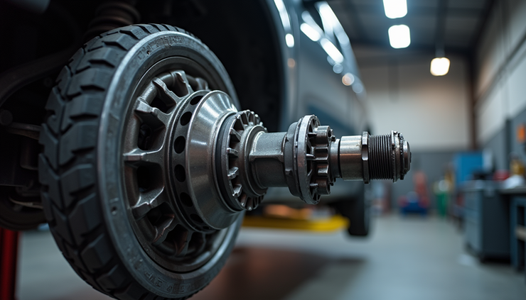 Close-up view of a transfer case assembly on a vehicle lift