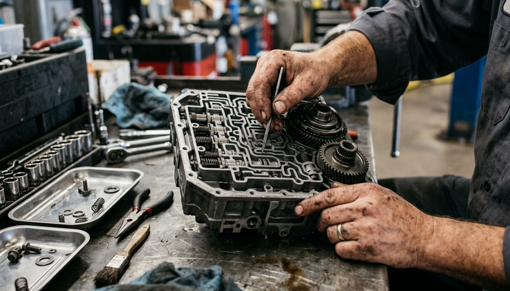 Close-up view of a mechanic inspecting a transmission component on a workbench.