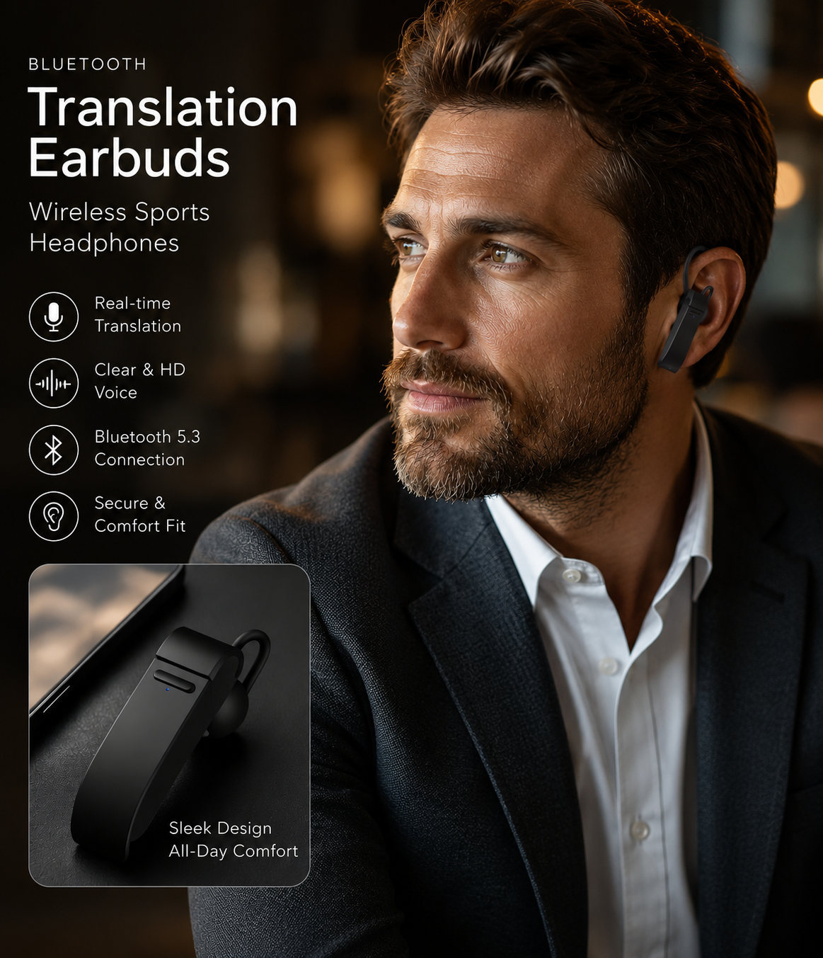 Fones de ouvido Bluetooth com tradução, fones de ouvido esportivos sem fioFones