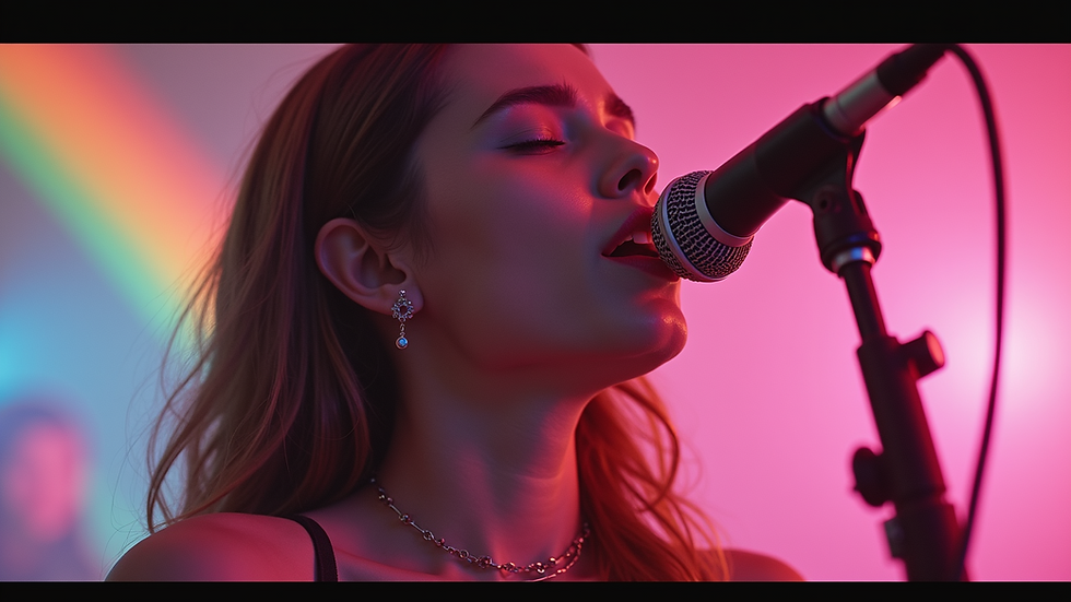 Close-up view of Nory performing in a colorful music video