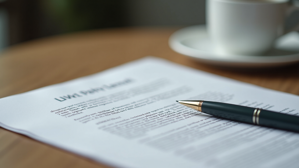 Close-up view of legal documents and a pen on a wooden table