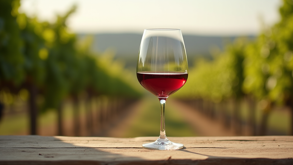 Close-up view of a glass of red wine with vineyard background