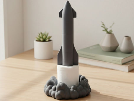 3Dプリント製のロケット型トイレットペーパーホルダー🚀 SpaceXのスターシップをモチーフにしたデザインで、発射の煙をイメージしたベース付き。トイレットペーパーがまるでロケットみたいに見えるユニークなホルダーです。