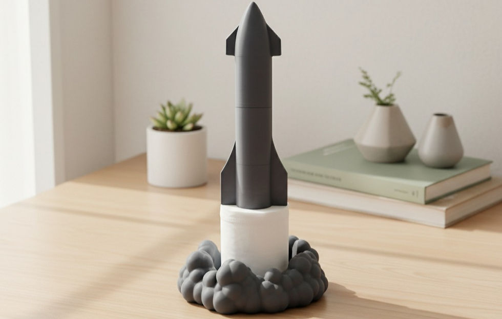 3Dプリント製のロケット型トイレットペーパーホルダー🚀 SpaceXのスターシップをモチーフにしたデザインで、発射の煙をイメージしたベース付き。トイレットペーパーがまるでロケットみたいに見えるユニークなホルダーです。