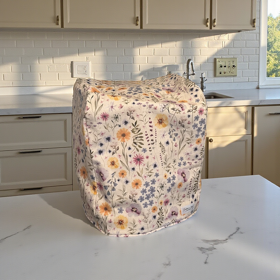 Thumbnail: Handmade Thermomix cover in Autumn Meadow wildflower fabric on kitchen bench
