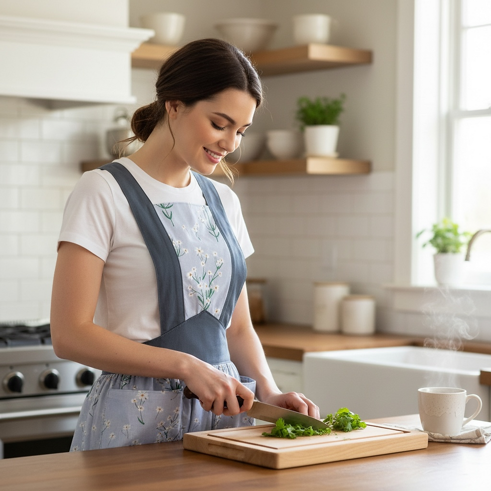 Thumbnail: vintage inspired apron showing flattering fit and gathered skirt in the kitchen