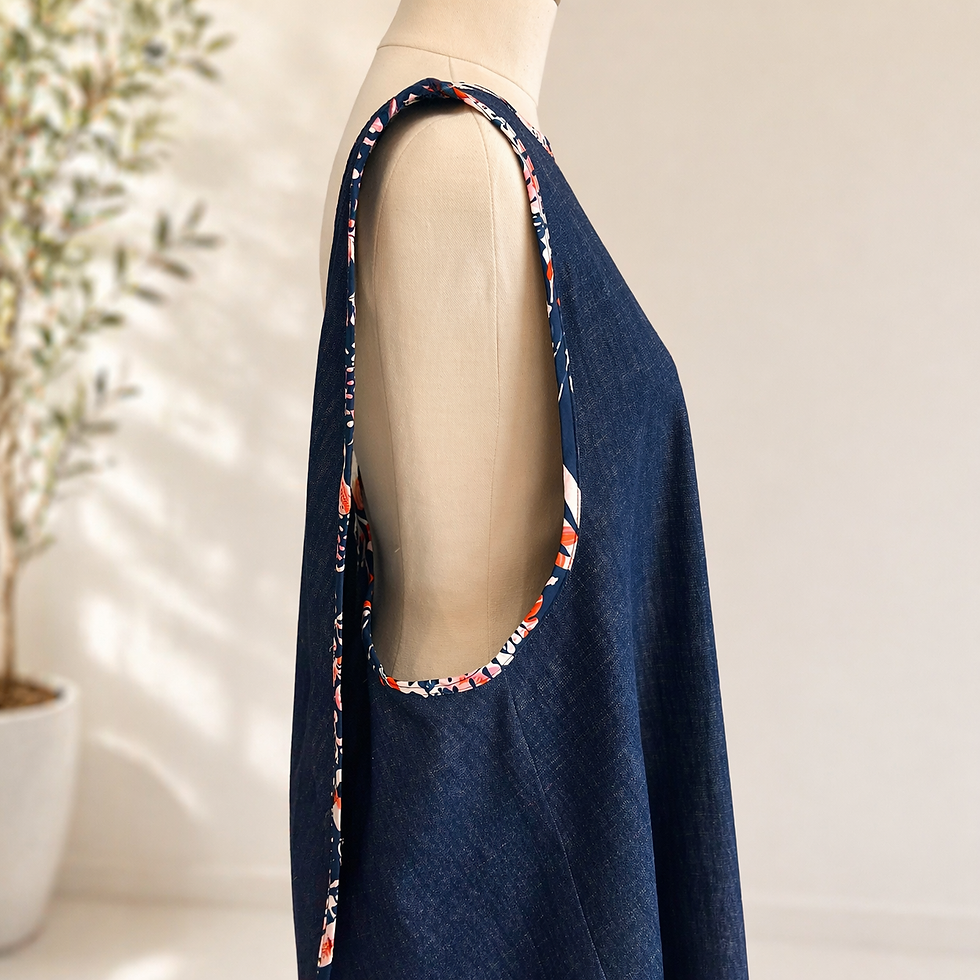 Thumbnail: Side profile of lightweight denim cross back apron on mannequin, showing relaxed fit and sleeveless design.