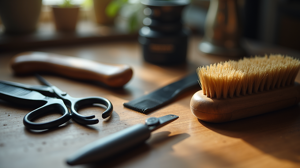 Eye-level view of grooming tools including slicker brush, comb, and scissors on a wooden table