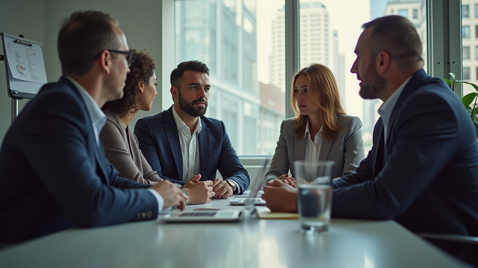 Eye-level view of a diverse group of professionals engaged in a collaborative discussion