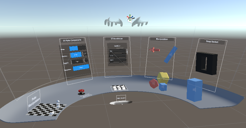 Scène rendue en 3D présentant une plateforme courbe et surélevée avec un sol en damier. Les éléments interactifs comprennent un objet rouge et noir intitulé « Manipulation Poke », un objet bleu intitulé « Composants Ul Poke », un objet jaune sur lequel est écrit « Poke » est également présents. C'est un screenshot fait dans Unity qui présente les intéractions en VR avec l'interface.