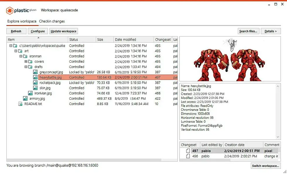 Interface informatique affichant l'espace de travail "quakecode" dans le projet "plasticglon". L'interface offre des options pour explorer l'espace de travail, vérifier les changements, rafraîchir, configurer et mettre à jour l'espace de travail.Elle comprend une barre de recherche et un bouton "Détails". Les fichiers et les éléments sont répertoriés, avec leur état, leur taille et la date de leur dernière modification. L'image comprend également l'icône d'une figure robotique nommée "pablo" et un fichier nommé "heavybattle.jpg". Les attributs du fichier, tels que les dimensions, la résolution et le format des pixels, sont affichés. 