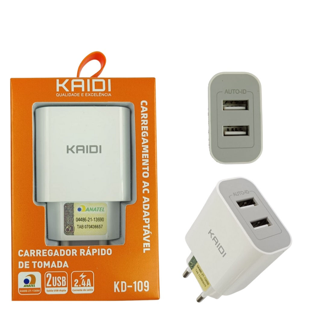 KD-109 CARREGADOR RAPIDO DE TOMADA 2 USB 2.4A AC