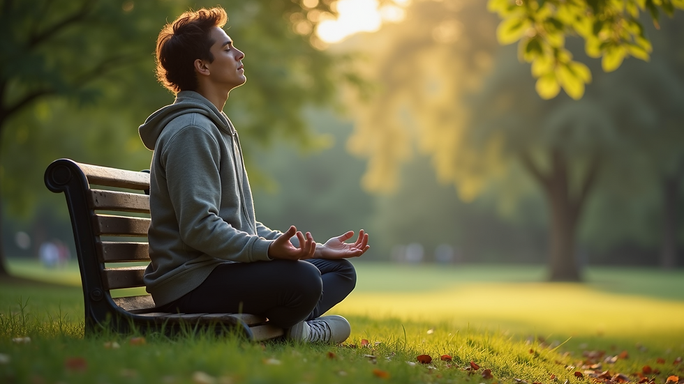 Eye-level view of a person sitting peacefully on a bench in a park practicing deep breathing