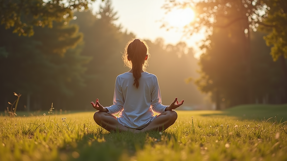 Eye-level view of a person sitting cross-legged outdoors practicing deep breathing