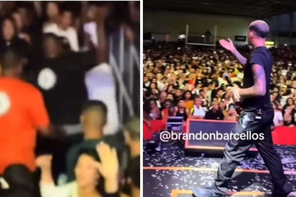 Segurança agride rapaz que jogou gelo no MC Poze durante show do artista.