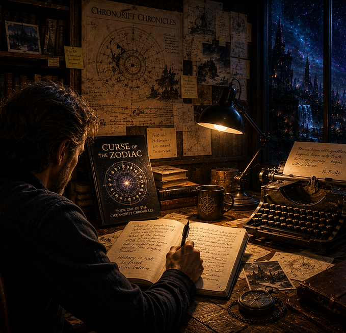 Author's writing desk with books, maps, and a glowing portal in the ChronoRift Chronicles universe